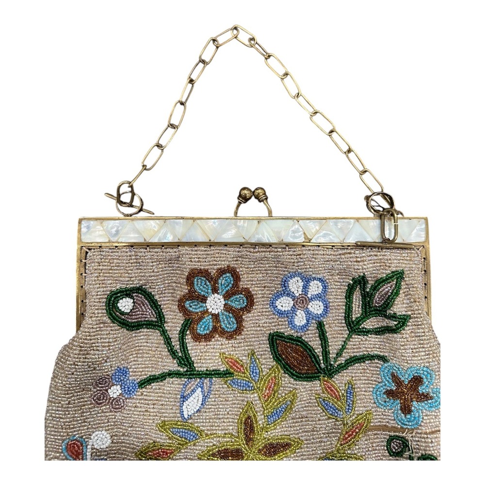 Aimee Capobianco Floral Beaded Suede Evening Bag Mother of Pearl Gingham Lining - Picture 3 of 8